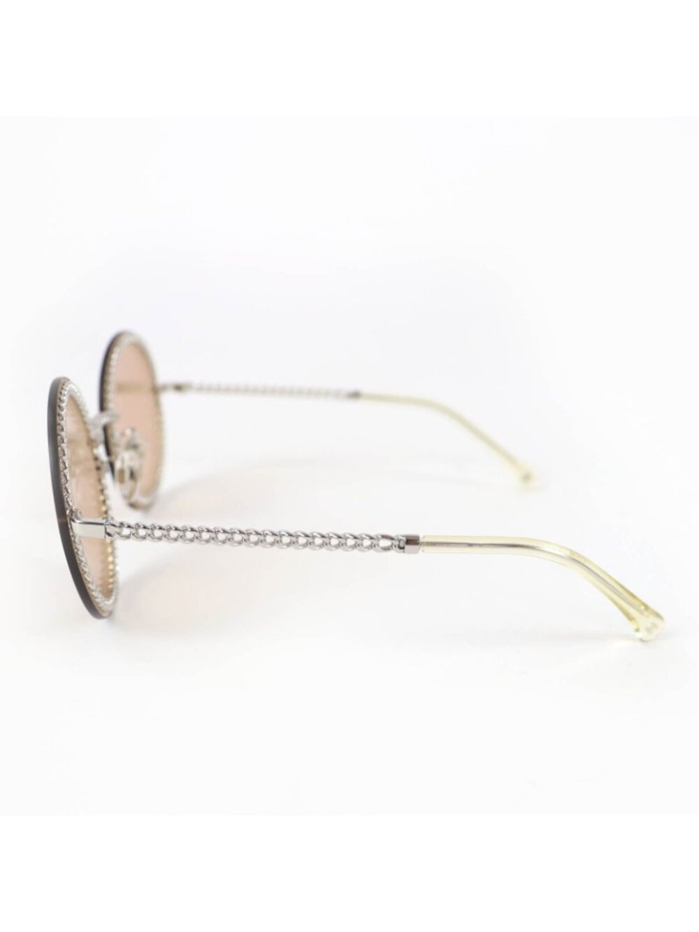 Chanel CC Logo Round Sunglasses with Chain Silver Clear Brown Case Necklace - Picture 5 of 13